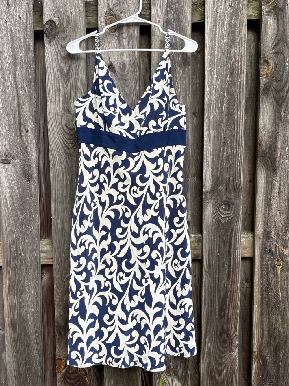 Ann Taylor Silk Navy and Cream V-Neck Midi Dress